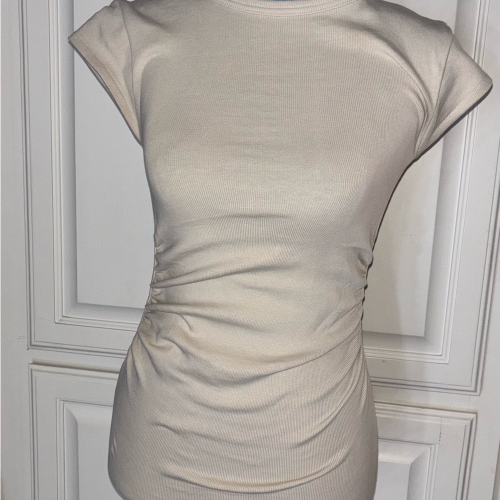 Zara Cream Ribbed Cap-Sleeve Ruched Tee